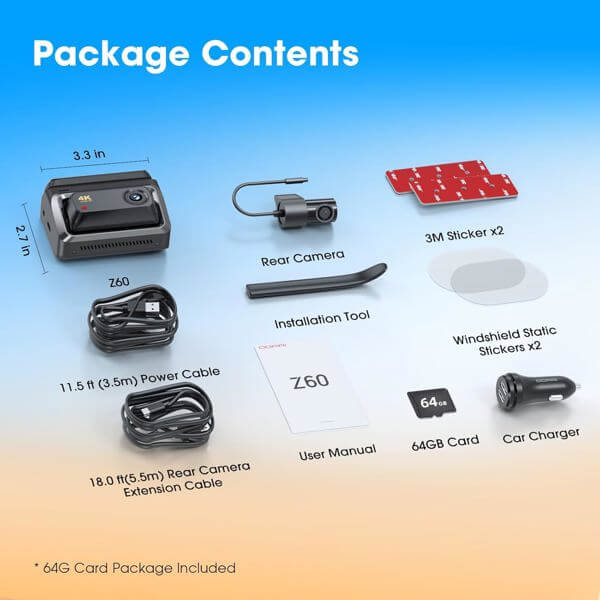 ვიდეო რეგისტრატორი DDPAI Z60 2026 4K Dashcam 140°, WIFI GPS, Bluetooth Front and Rear Cam, Car Video Recorder, Black