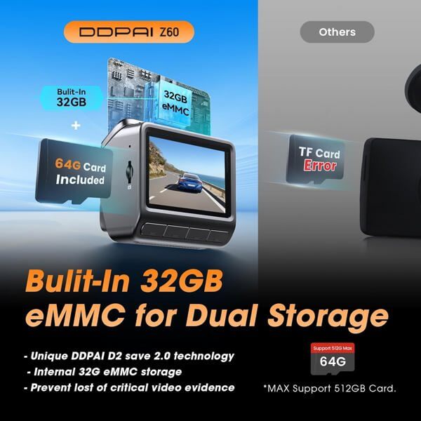 ვიდეო რეგისტრატორი DDPAI Z60 2026 4K Dashcam 140°, WIFI GPS, Bluetooth Front and Rear Cam, Car Video Recorder, Black