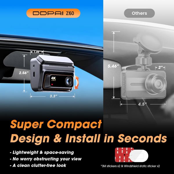 ვიდეო რეგისტრატორი DDPAI Z60 2026 4K Dashcam 140°, WIFI GPS, Bluetooth Front and Rear Cam, Car Video Recorder, Black