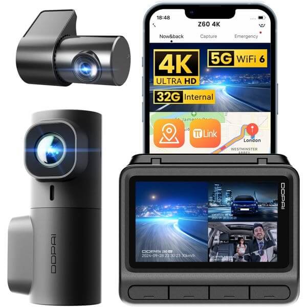 მანქანის ვიდეო რეგისტრატორი DDPAI Z60T, 140°, 4K UHD , WIFI, GPS, Bluetooth, Three-Channel Dashcam, Car Video Recorder, Black
