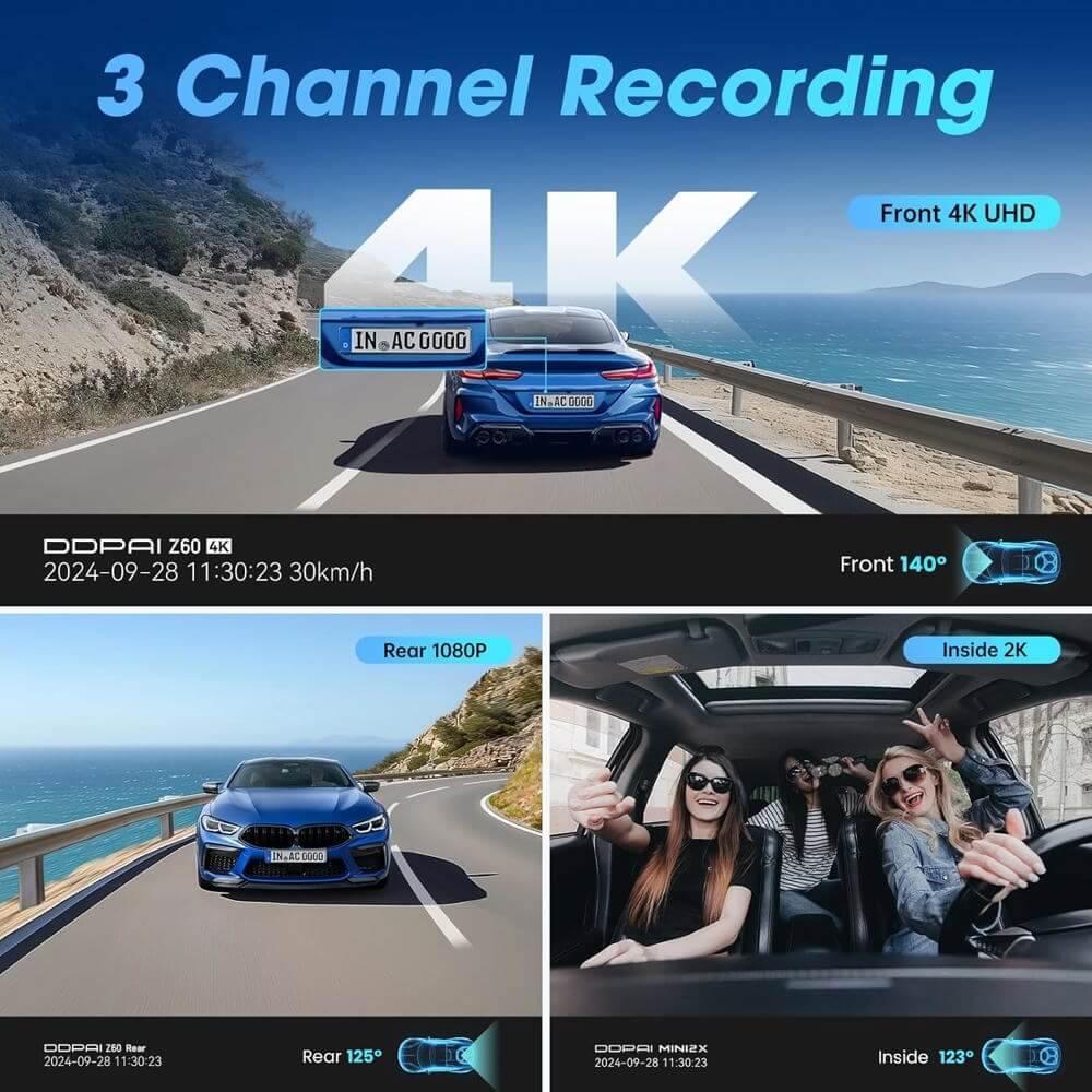 მანქანის ვიდეო რეგისტრატორი DDPAI Z60T, 140°, 4K UHD , WIFI, GPS, Bluetooth, Three-Channel Dashcam, Car Video Recorder, Black
