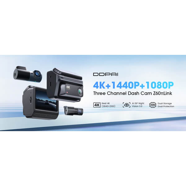 მანქანის ვიდეო რეგისტრატორი DDPAI Z60T, 140°, 4K UHD , WIFI, GPS, Bluetooth, Three-Channel Dashcam, Car Video Recorder, Black