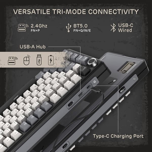 Mechanical Keyboard Royal Kludge RK L75 RGB, Beige Switch, Hot Swappable, Wireless, Type-C, Bluetooth, 2.4GHz, Knight Black