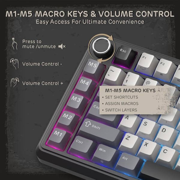 Mechanical Keyboard Royal Kludge RK L75 RGB, Beige Switch, Hot Swappable, Wireless, Type-C, Bluetooth, 2.4GHz, Knight Black