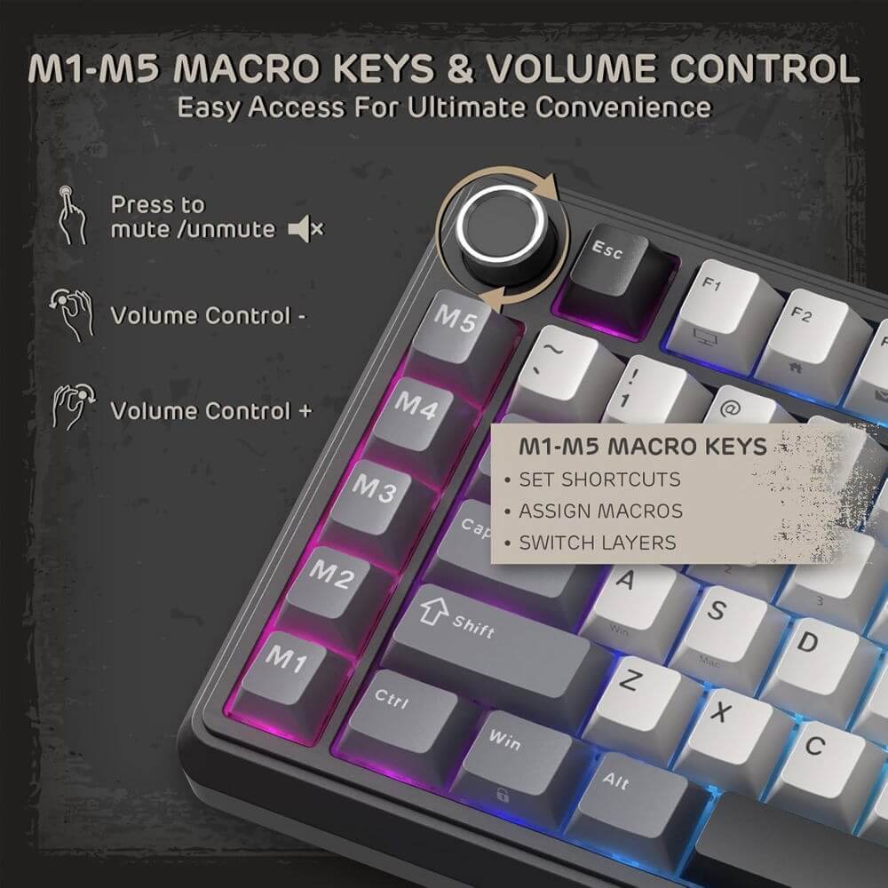 Mechanical Keyboard Royal Kludge RK L75-KB-XW RGB, Beige Switch, Hot Swappable, Wireless, Type-C, Bluetooth, 2.4GHz, Knight Black