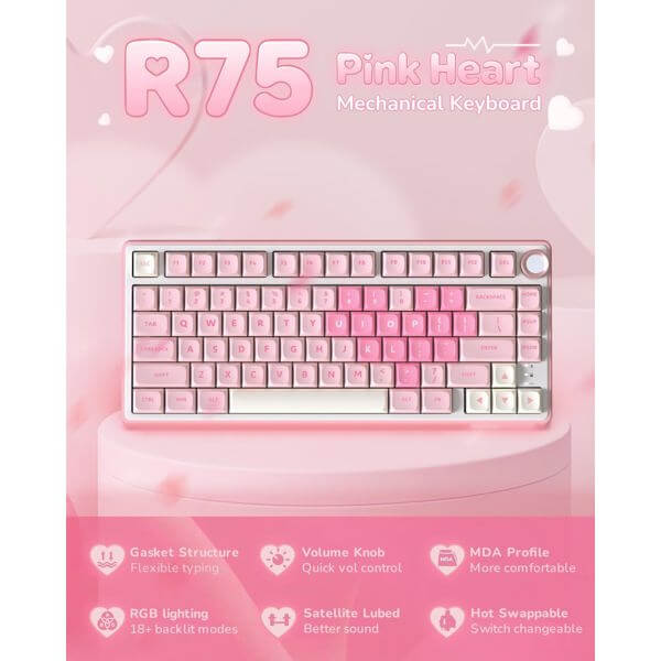 Mechanical Keyboard Royal Kludge R75 RGB, Beige Switch, Hot Swappable, Wired, USB, Pink Melody