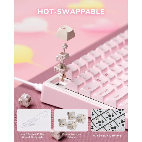 Mechanical Keyboard Royal Kludge R75 RGB, Beige Switch, Hot Swappable, Wired, USB, Pink Melody