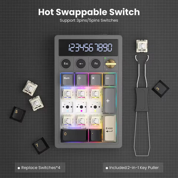 Mechanical Numpad Royal Kludge RK M20 RGB, Cream Switch, Hot Swappable, Wireless, Type-C, Bluetooth, 2.4GHz, Phantom