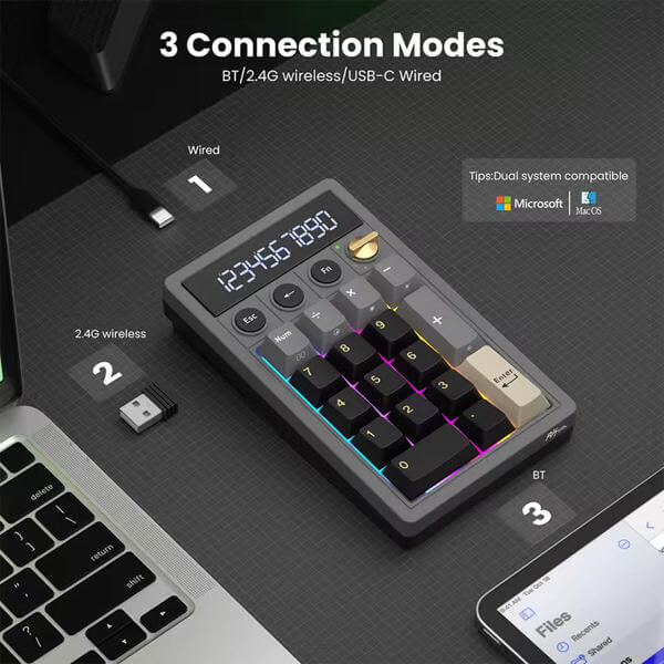 Mechanical Numpad Royal Kludge RK M20 RGB, Cream Switch, Hot Swappable, Wireless, Type-C, Bluetooth, 2.4GHz, Phantom