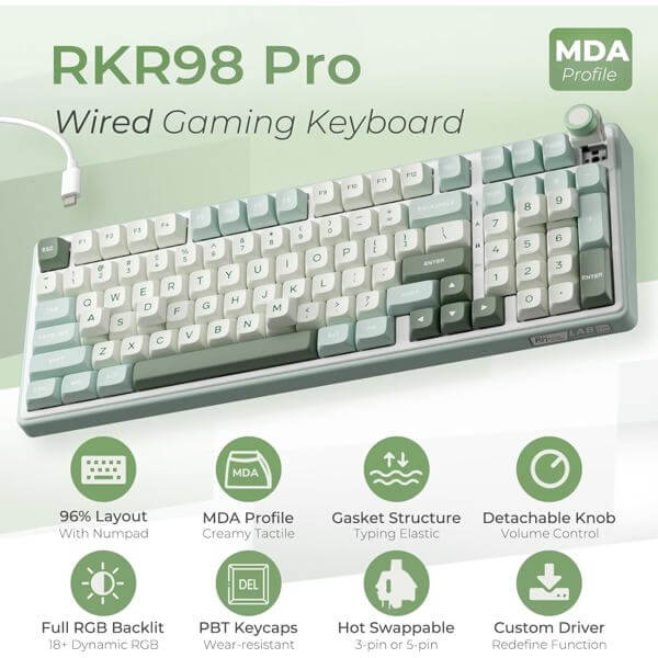 Mechanical Keyboard Royal Kludge RK R98Pro RGB, Beige Switch, Hot Swappable, Wired, Sky Cyan