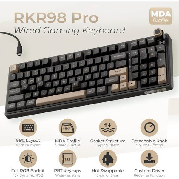 Mechanical Keyboard Royal Kludge RK R98Pro RGB, Beige Switch, Hot Swappable, Wired, Phantom