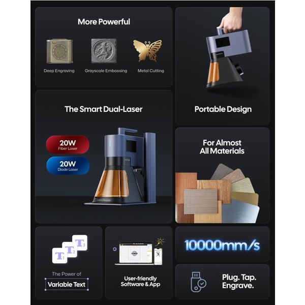 გრავირების აპარატი LaserPecker LP5 Deluxe + Slide Extension + Rotary Extension, Laser Engraver Cutter, Grey