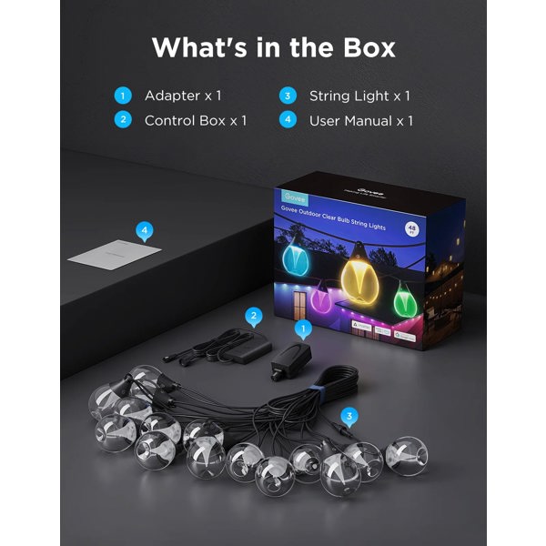 Outdoor Clear Bulb String Lights Govee H7025CB1, 15m, WiFi, Bluetooth, Black