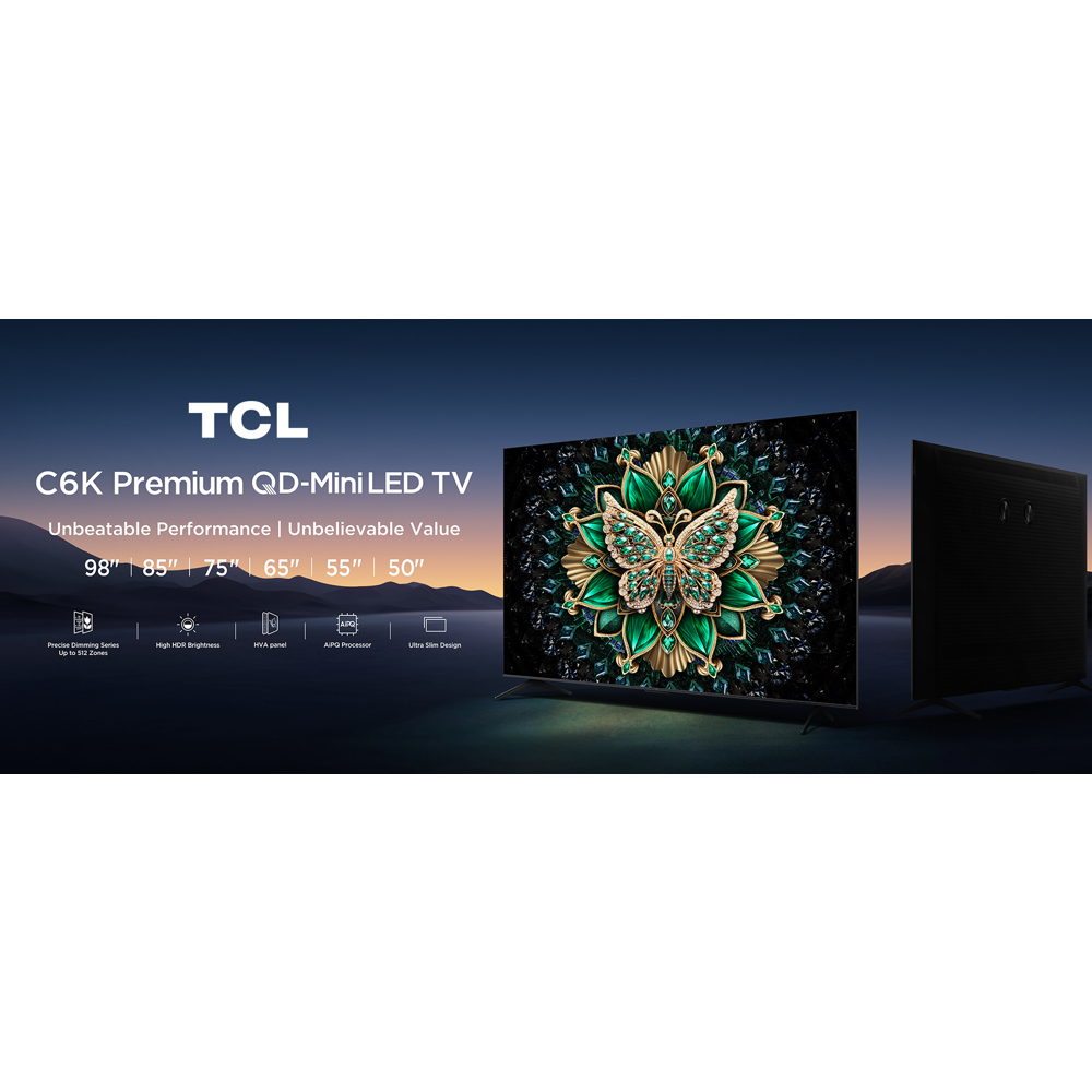 TCL 98C6K 98-inch 4K Mini LED Google TV 144Hz VRR და ONKYO აუდიო სისტემით