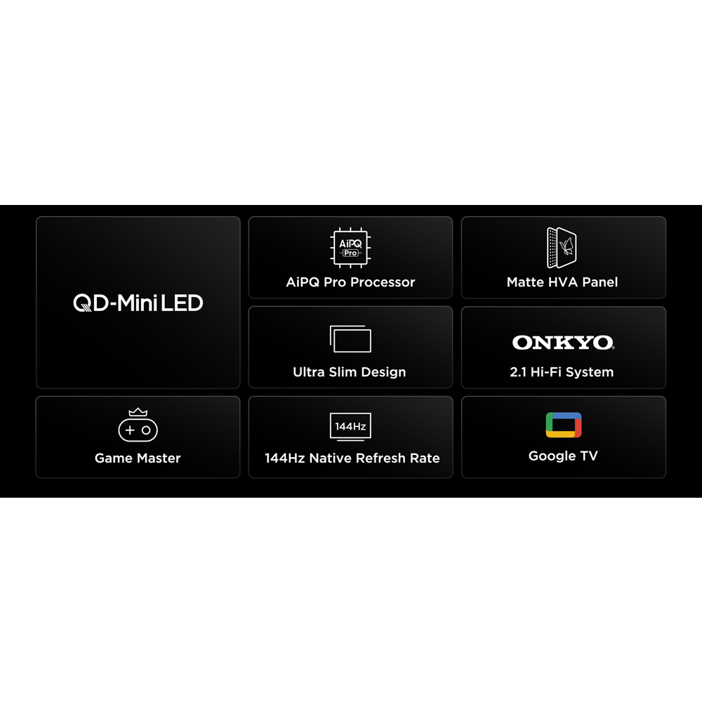 TCL 98C6K 98-inch 4K Mini LED Google TV 144Hz VRR და ONKYO აუდიო სისტემით