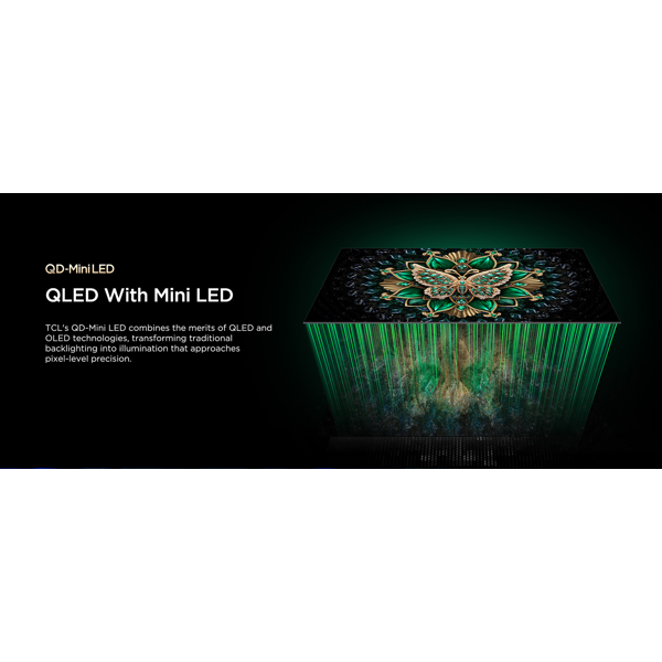 TCL 98C6K 98-inch 4K Mini LED Google TV 144Hz VRR და ONKYO აუდიო სისტემით