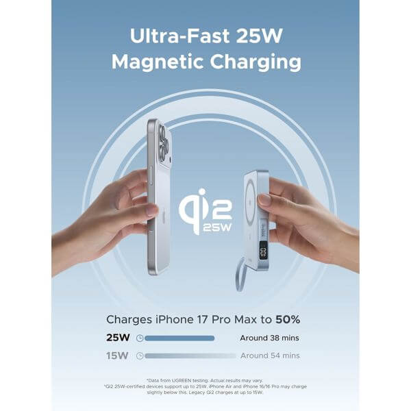 Wireless Power Bank With Built-in Cable UGREEN PB773 (65958B) Qi2 Magflow, 10000mAh, Type-C, Blue