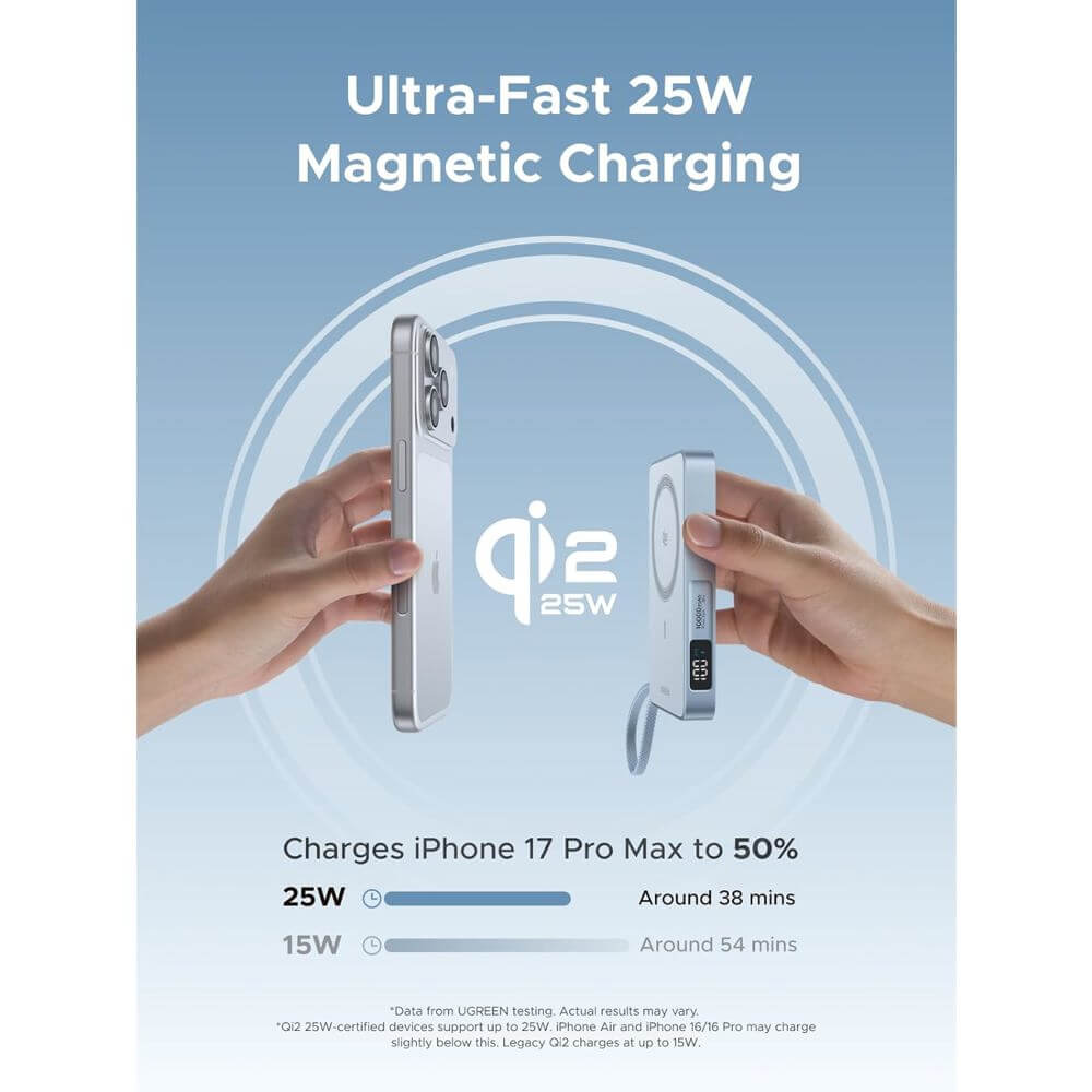 პორტატული დამტენი UGREEN PB773 (65958B) Qi2 Magflow, 10000mAh, Type-C, Wireless Power Bank With Built-in Cable, Blue