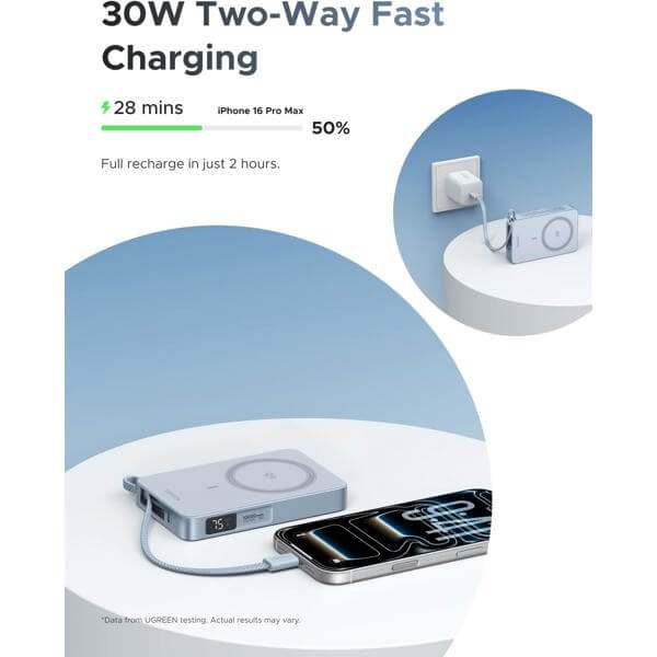 Wireless Power Bank With Built-in Cable UGREEN PB773 (65958B) Qi2 Magflow, 10000mAh, Type-C, Blue
