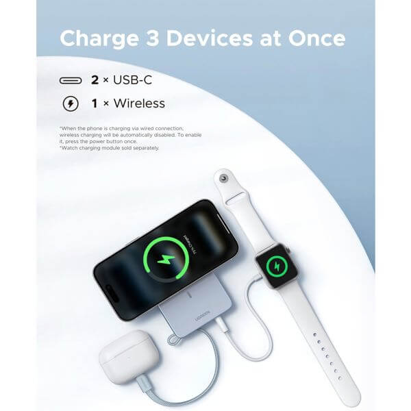 Wireless Power Bank With Built-in Cable UGREEN PB773 (65958B) Qi2 Magflow, 10000mAh, Type-C, Blue