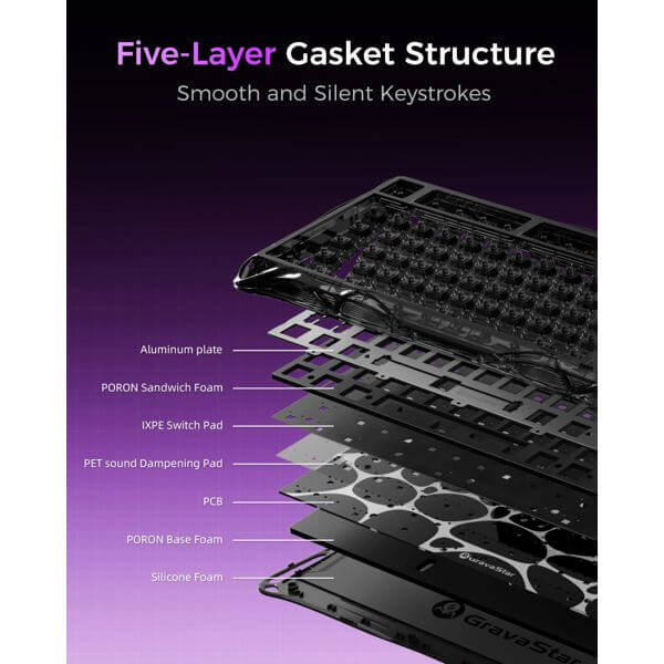 Gaming Mechanical Keyboard GravaStar GSV75LITE_XTAL_BLK Mercury V75 Lite, Wired, USB, Transparent Black