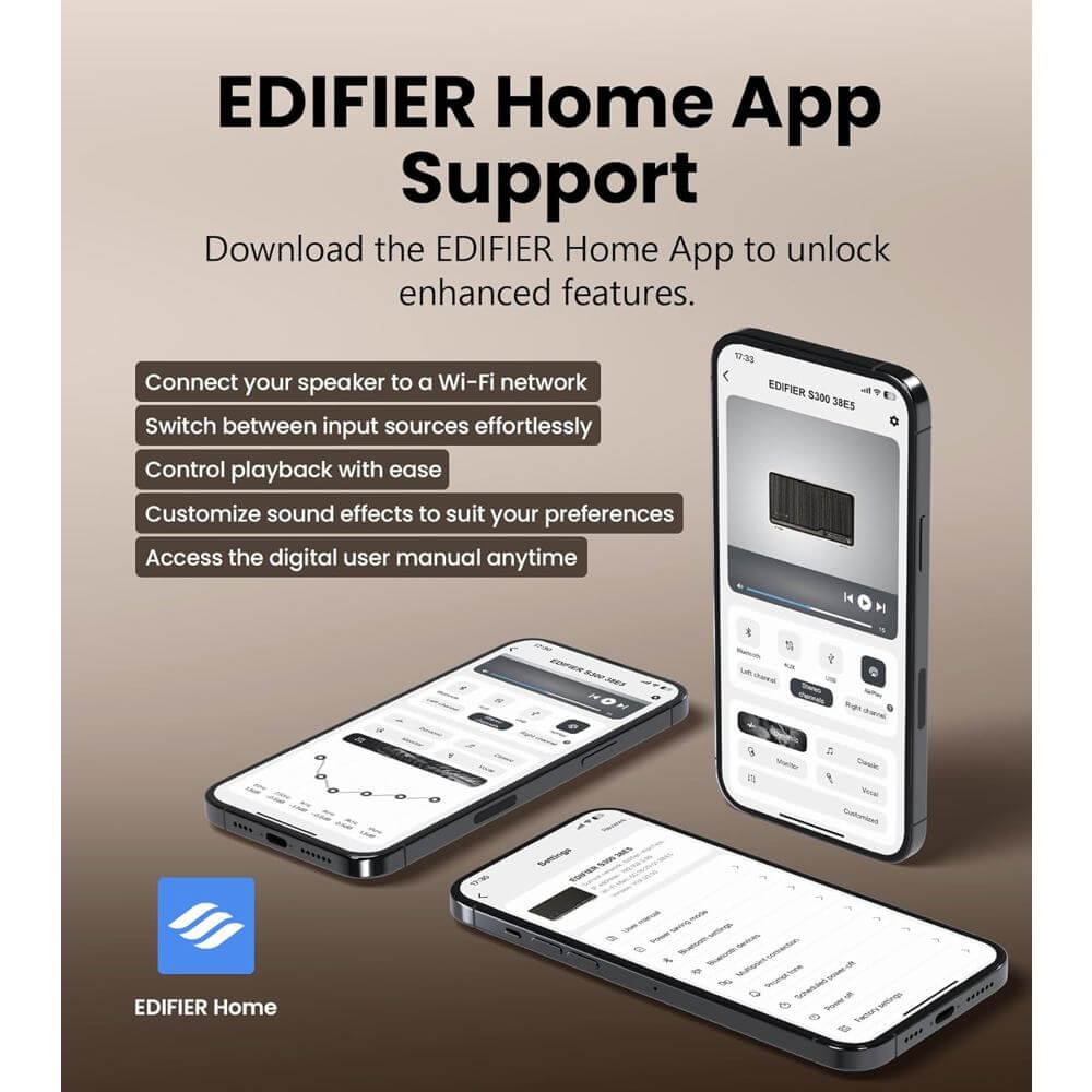 დინამიკი Edifier S300 80W, Bluetooth, WiFi (Apple AirPlay), Type-C, AUX, Hi-Fi Tabletop Speaker, Hi-Res Audio LDAC Brown