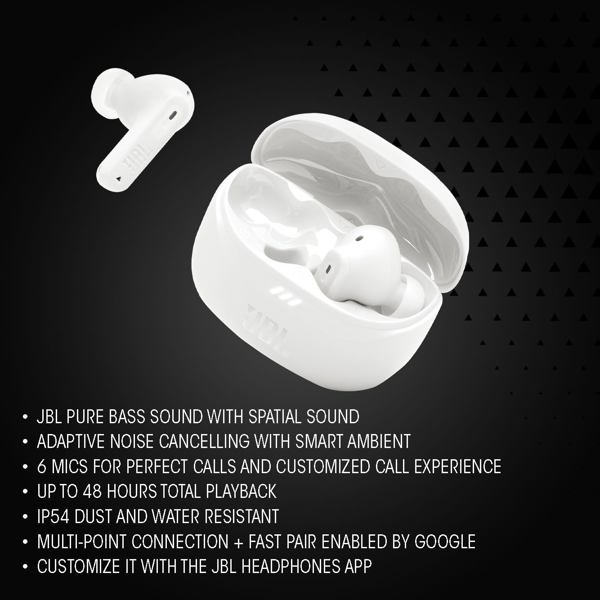 ყურსასმენი JBL JBLTBEAM2TQE Tune Beam2, Earbuds, Wireless, Bluetooth, IP54, White