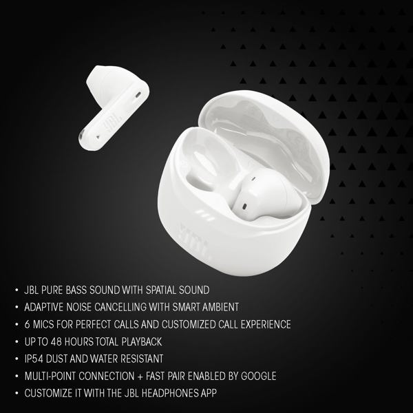 Earbuds JBL JBLTFLEX2WHT Tune Flex2, Wireless, Bluetooth, IP54, White