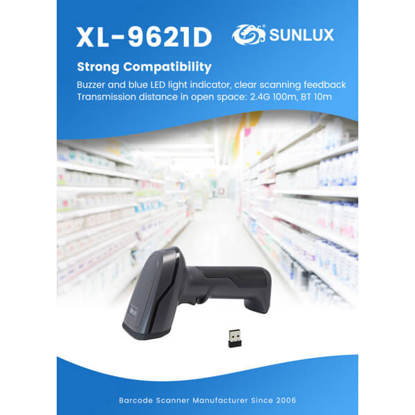 ბარკოდის სკანერი Sunlux XL-9621D, 2D, Bluetooth, USB, USB-VCP, Barcode Scanner, Black