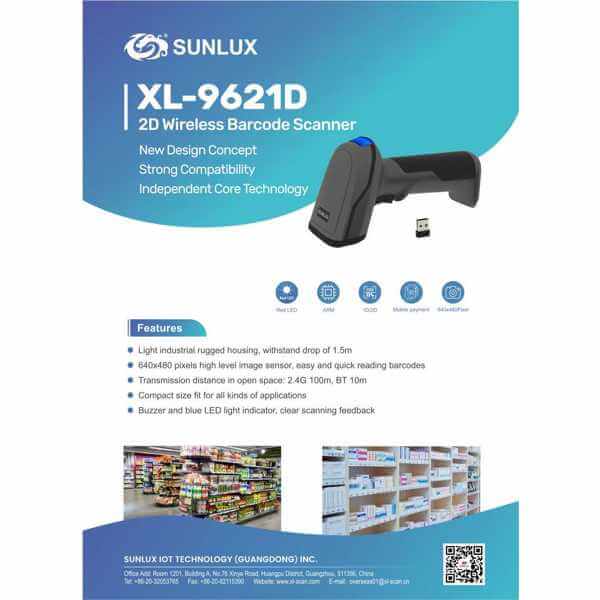ბარკოდის სკანერი Sunlux XL-9621D, 2D, Bluetooth, USB, USB-VCP, Barcode Scanner, Black