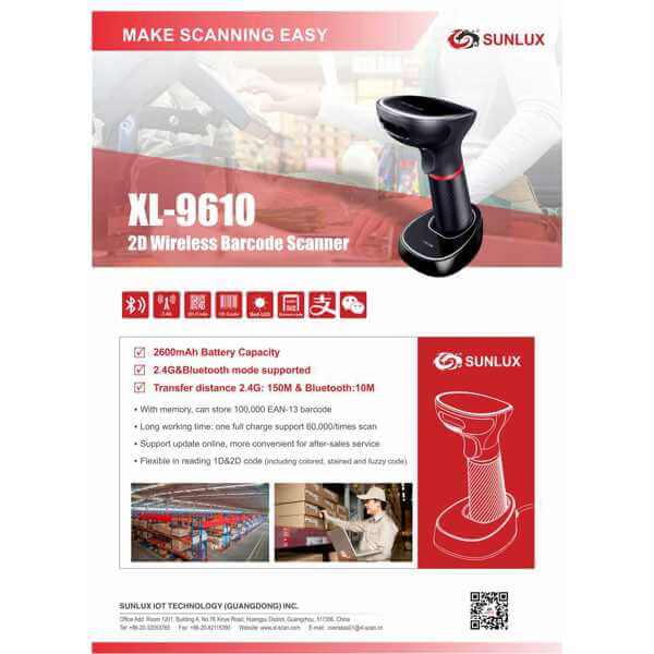 ბარკოდის სკანერი Sunlux XL-9610, 2D, Bluetooth, USB, USB-VCP, Barcode Scanner, Black