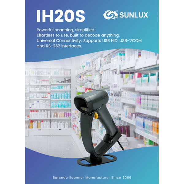 ბარკოდის სკანერი Sunlux IH20S, 2D, USB, RS232, Barcode Scanner, Black
