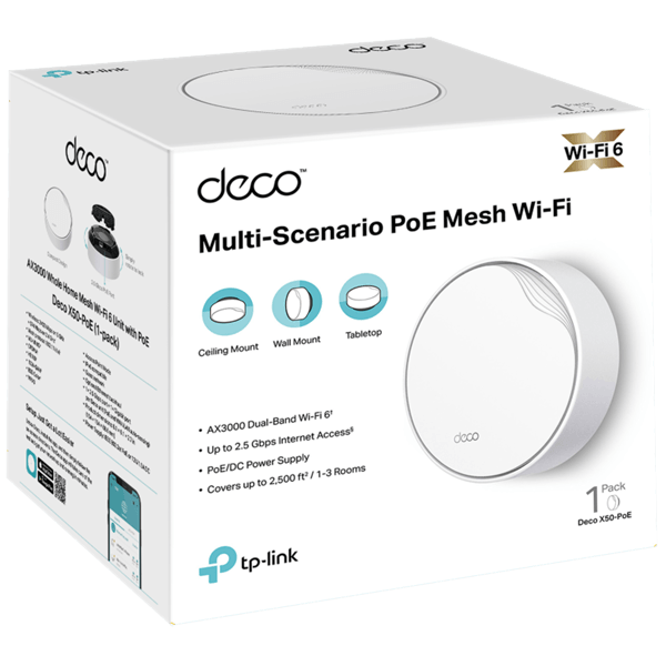 Home Mesh WiFi 6 System TP-Link DECO X50-POE(1-PACK) AX3000, 2402Mbps, White