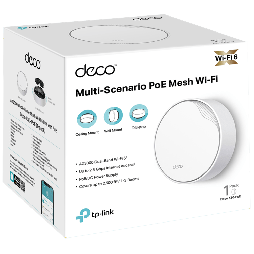 როუტერი TP-Link DECO X50-POE(1-PACK) AX3000, 2402Mbps, Home Mesh WiFi 6 System, White