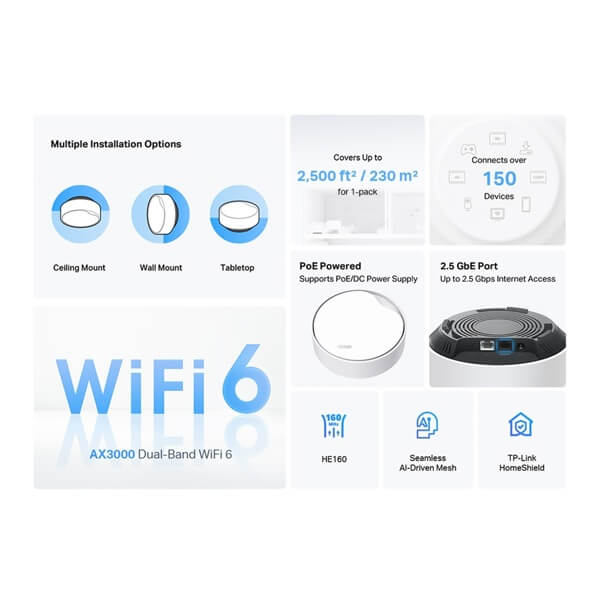 Home Mesh WiFi 6 System TP-Link DECO X50-POE(1-PACK) AX3000, 2402Mbps, White