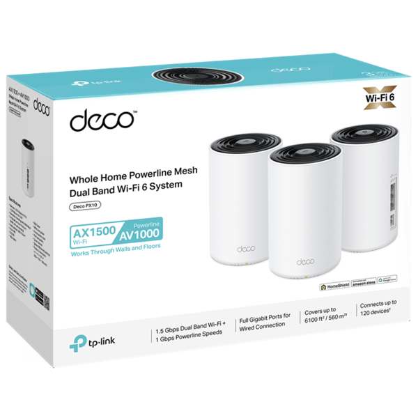 Home Mesh WiFi 6 System TP-Link DECO PX10(3-PACK) AX1500 + AV1000, 1201Mbps, White