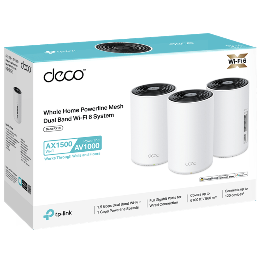 Home Mesh WiFi 6 System TP-Link DECO PX10(3-PACK) AX1500 + AV1000, 1201Mbps, White