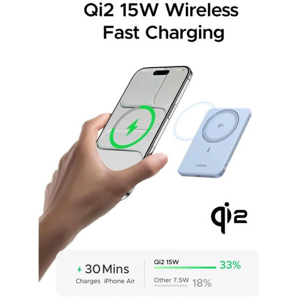 Magnetic Wireless Power Bank UGREEN PB580 (65840B), 5000mAh, Type-C, Light Blue