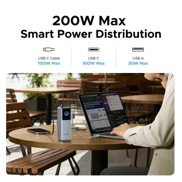 Power Bank With Retractable Cable UGREEN PB728 (75702B) Nexode, 25000mAh, Type-C, USB, Grey