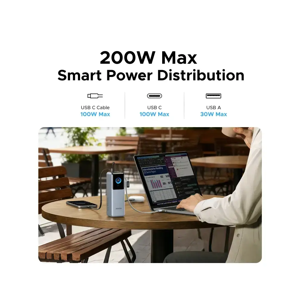 Power Bank With Retractable Cable UGREEN PB728 (75702B) Nexode, 25000mAh, Type-C, USB, Grey