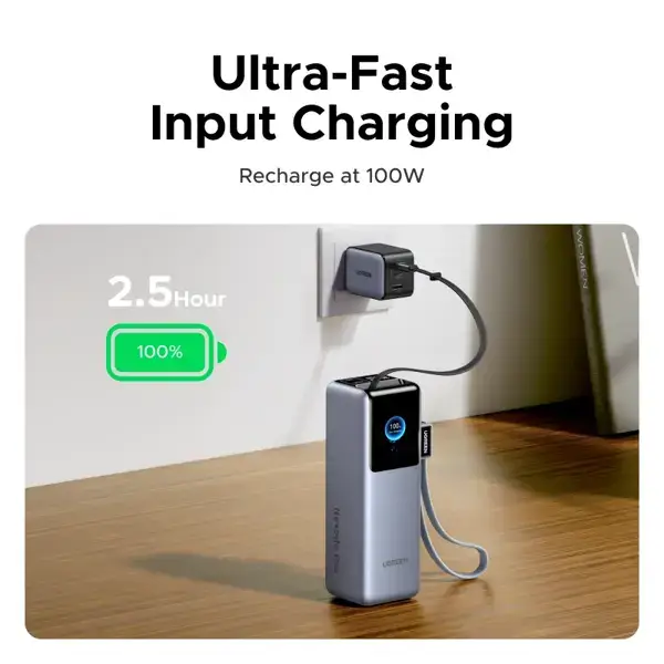 Power Bank With Retractable Cable UGREEN PB728 (75702B) Nexode, 25000mAh, Type-C, USB, Grey