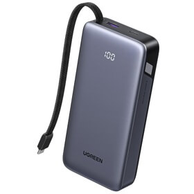 Power Bank With Built-in Cable UGREEN PB536 (55988B), 20000mAh, Type-C, USB, Grey