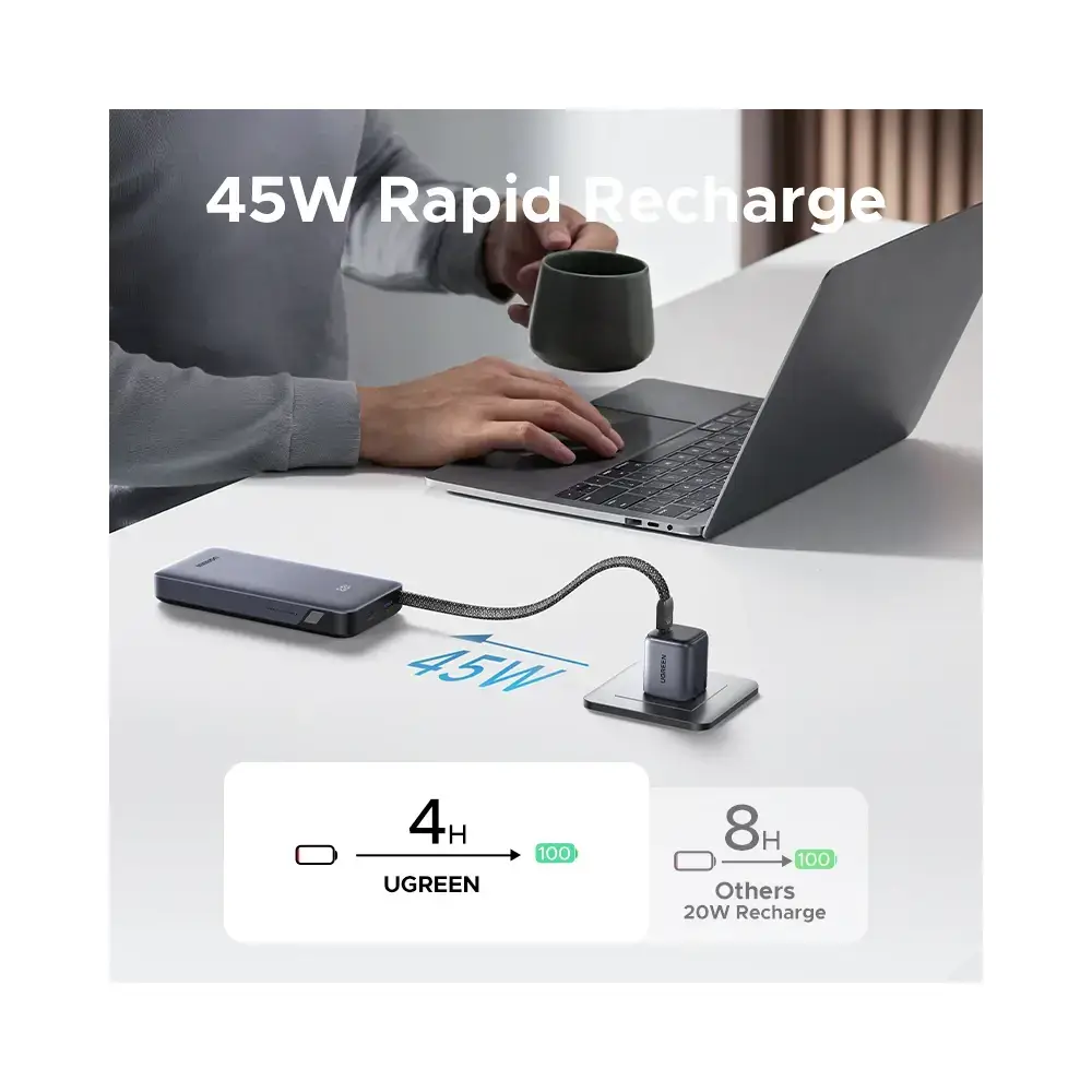პორტატული დამტენი UGREEN PB536 (55988B), 20000mAh, 45W, Type-C, USB, Power Bank With Built-in Cable, Grey