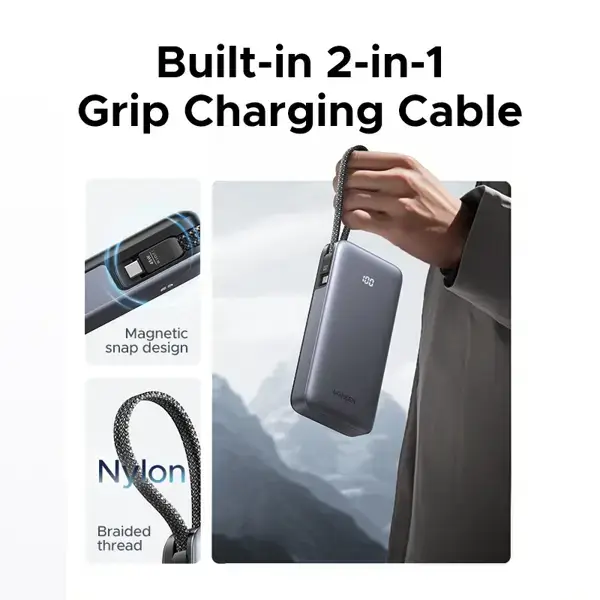 Power Bank With Built-in Cable UGREEN PB536 (55988B), 20000mAh, Type-C, USB, Grey