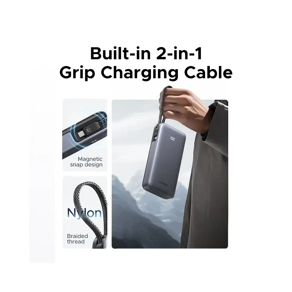 პორტატული დამტენი UGREEN PB536 (55988B), 20000mAh, 45W, Type-C, USB, Power Bank With Built-in Cable, Grey