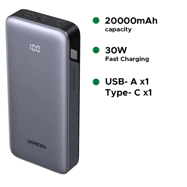 Fast Charging Power Bank UGREEN PB532 (55989B), 20000mAh, Type-C, USB, Grey