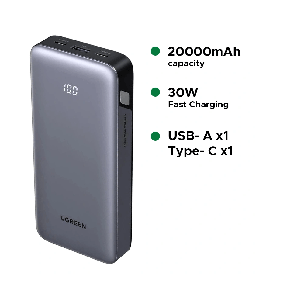 Fast Charging Power Bank UGREEN PB532 (55989B), 20000mAh, 30W, Type-C, USB, Grey