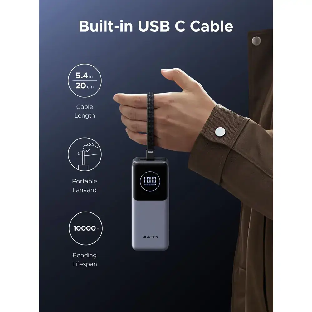 Power Bank With Built-in Cable UGREEN PB723 (55365B) Nexode, 20000mAh, 130W, Type-C, USB, Grey