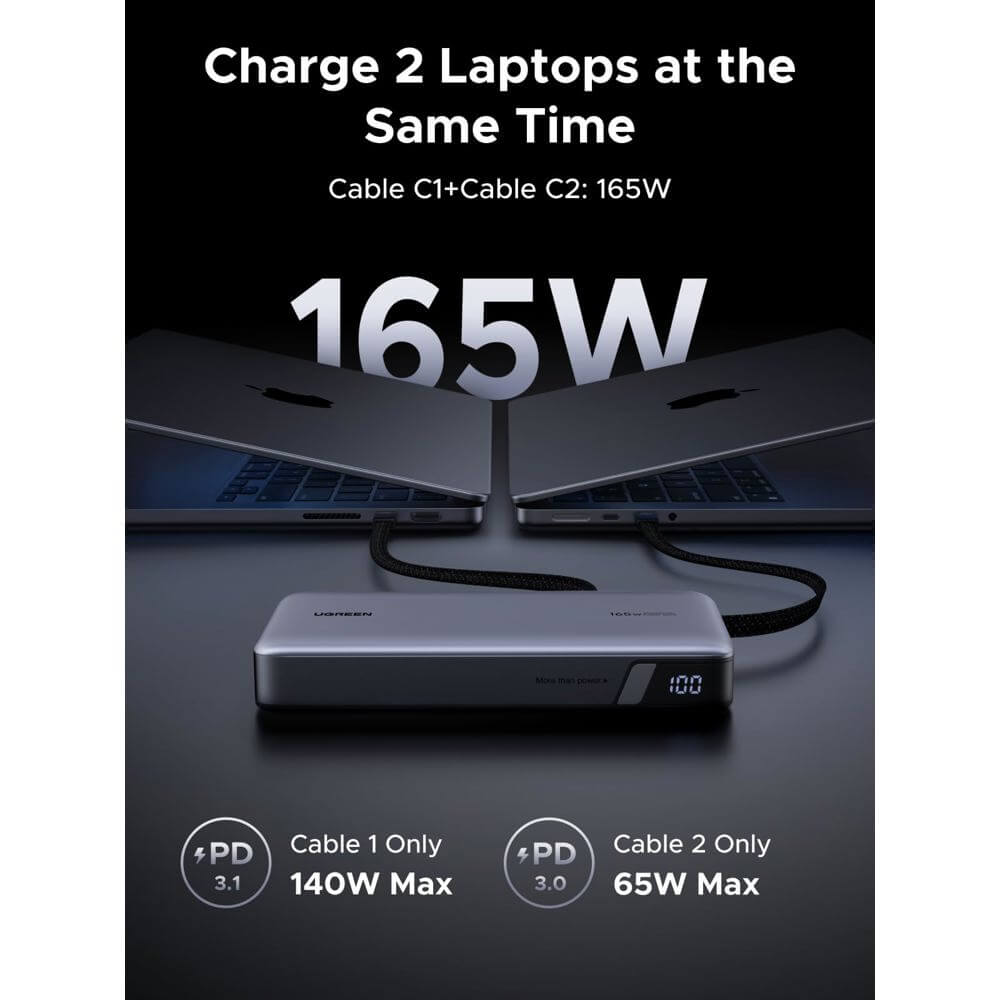 Power Bank With Built-in Type-C Cable UGREEN PB552 (55995B) Nexode, 25000mAh, 165W, Type-C, USB, Grey