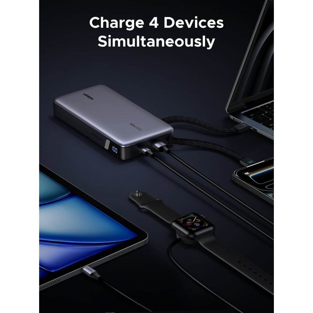პორტატული დამტენი UGREEN PB552 (55995B) Nexode, 25000mAh, 165W, Type-C, USB, Power Bank With Built-in Type-C Cable, Grey